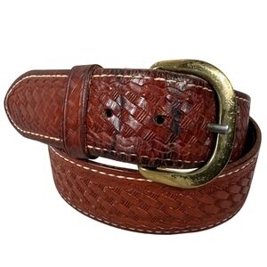 Cabelas Mens 32 Brown Basketweave Tooled Leather Belt Solid Brass Buckle Western